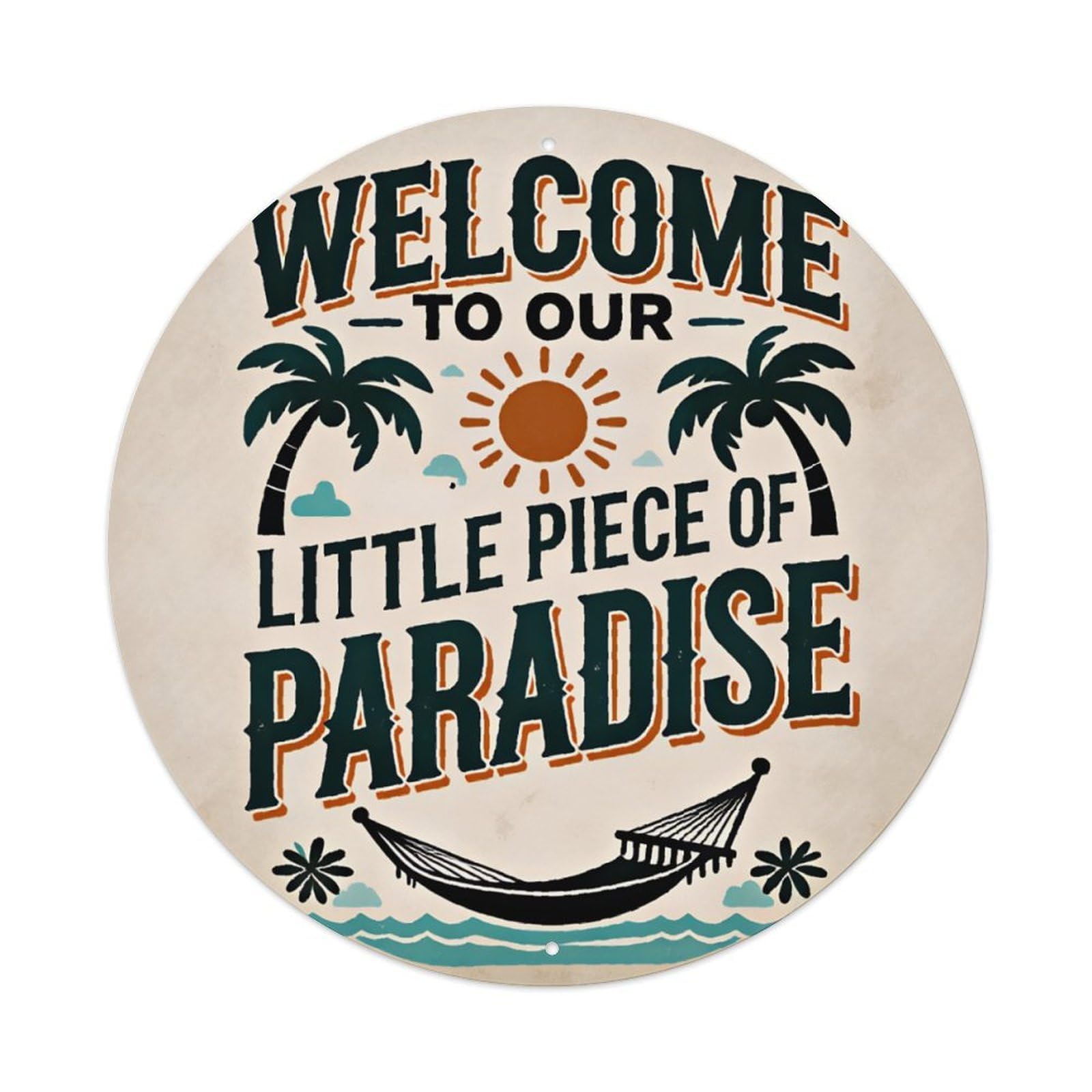 Welcome To Our Little Piece Of Paradise Palm Beach Round Decor Sign Vintage Aluminium Metal Sign, Retro Wall Decor for Home, Bar, Garage & Farmhouse 20x20cm