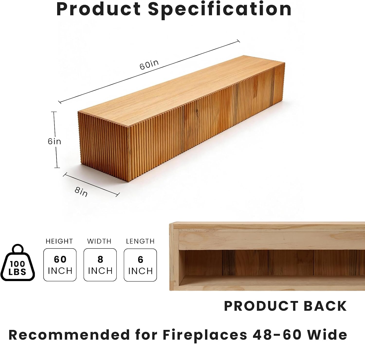 Fireplace Mantel Shelf 60", Wood Fluted Solid Wood Floating Mantel for Over Fireplace, Handcrafted Rustic Farmhouse Wall-Mounted Shelf with Heavy-Duty Hidden Bracket, 60"x8"x6"