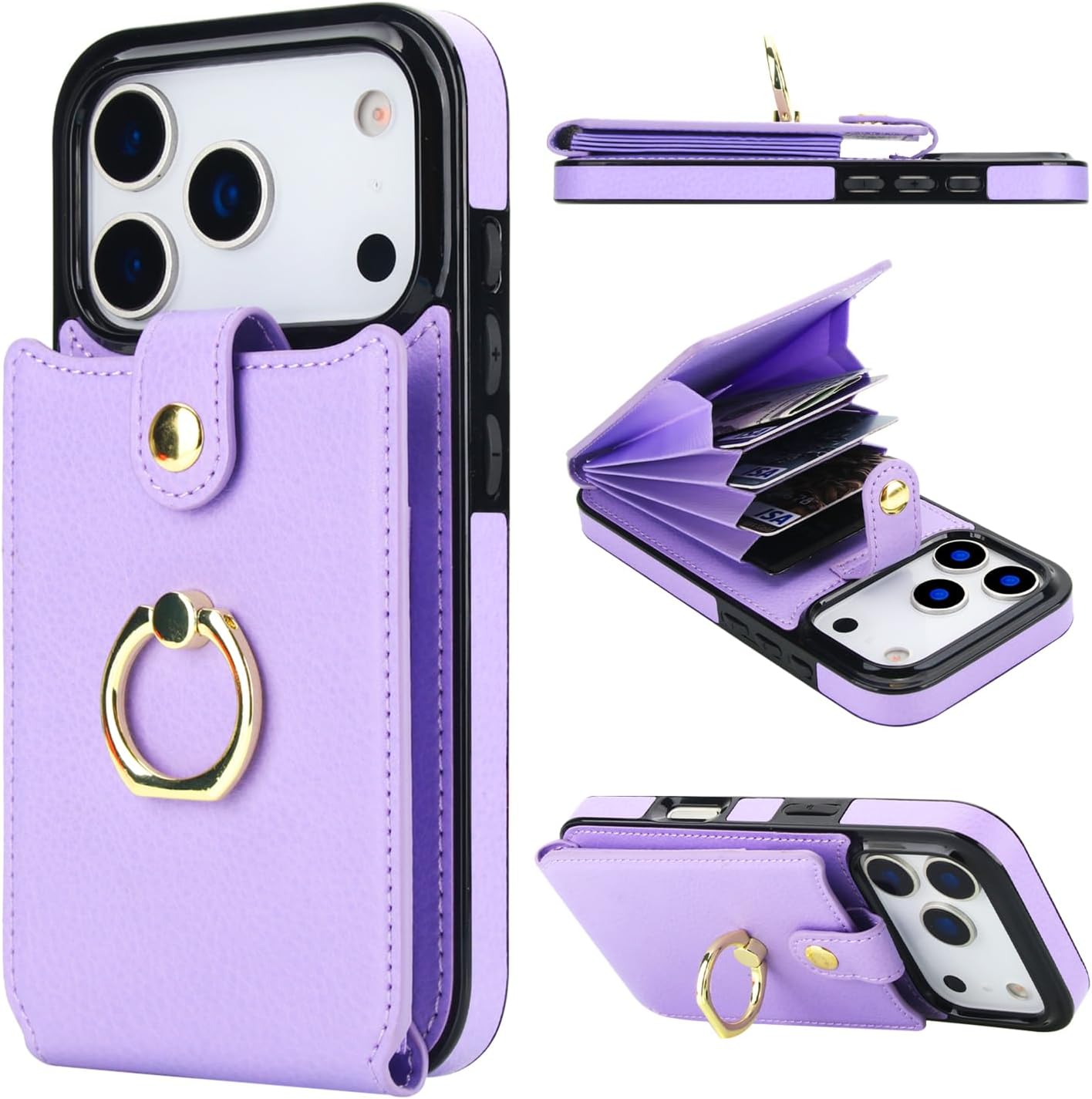 Folosu Compatible with iPhone 17 Pro Case Wallet with Card Holder, 360°Rotation Finger Ring Holder Kickstand, RFID Blocking Leather Protective Double Buttons Shockproof Cover 6.3 Inch Purple