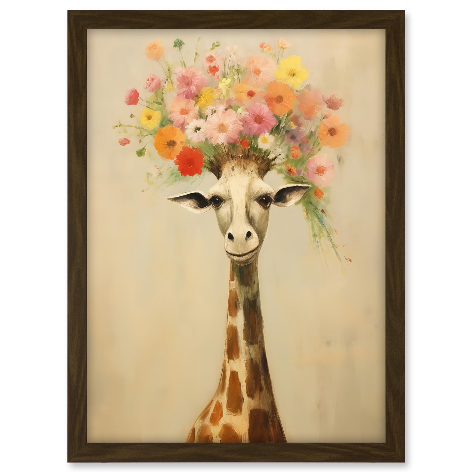 Artery8 Cheerful Giraffe with Wildflower Bouquet Hat Spring Camouflage Whimsical Oil Painting Nursery Artwork Framed A3 Wall Art Print