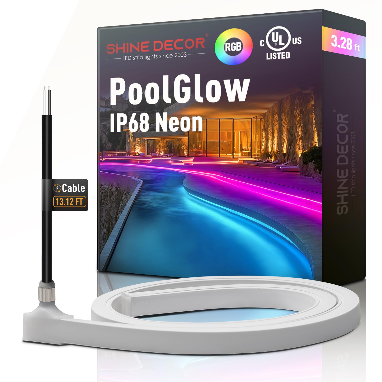 Shine Decor PoolGlow Neon installed in a swimming pool, showcasing vibrant colors and UL certification.