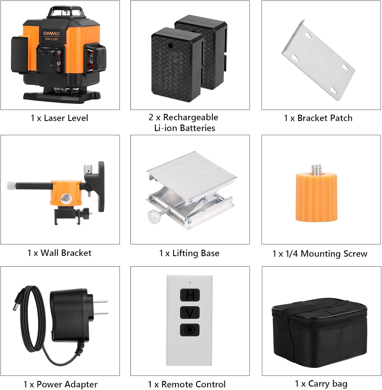 OMMO 16 Lines Green Laser Level and included accessories