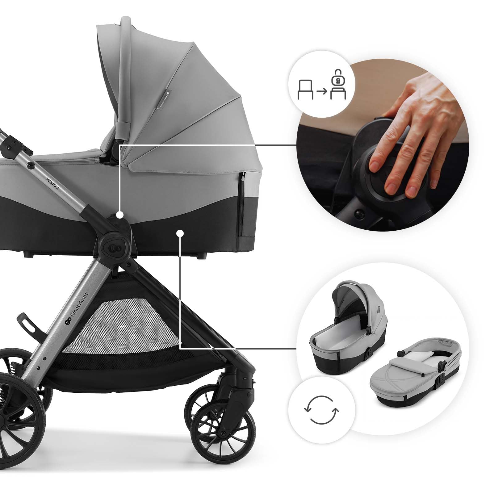 Kinderkraft VESTO 2 Carrito Bebé 3 en 1 hasta 22 kg, Capazo + Silla Paseo + Portabebés MINK PRO 2, Asiento Reversible, Travel System, Gris