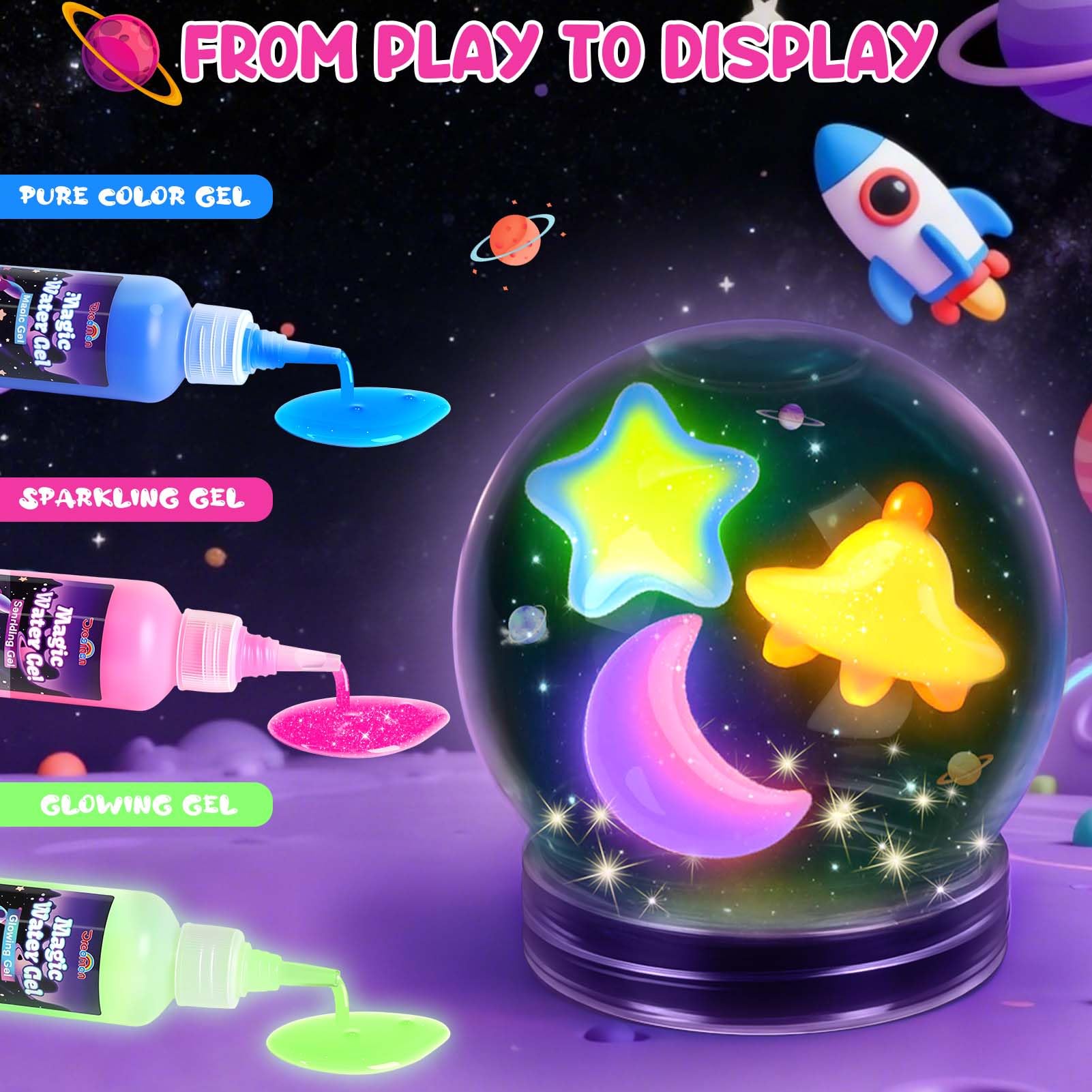 Dreamon Aqua Gel Set Spaziale 53PCS, Kit Creativo per Bambini con 22 Colori di Water Gel e 16 Formine Razzo Stella Luna, Attività Manuale 3D Educativa e Regalo per Bambini 3 4 5 6 Anni