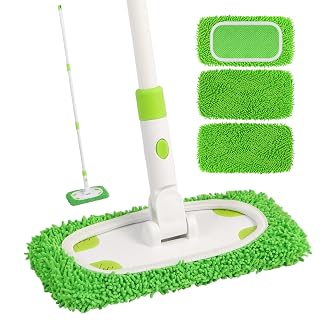 Reusable Microfiber Floor Mop System, Wet & Dry Sweeper Kit, Includes 1 Sweeper Handle, 3 Washable Chenille Mop Pads, Dry & Wet Use for Hardwood, Tile, and Laminate Floor, Green - Amazon product rated Grade B