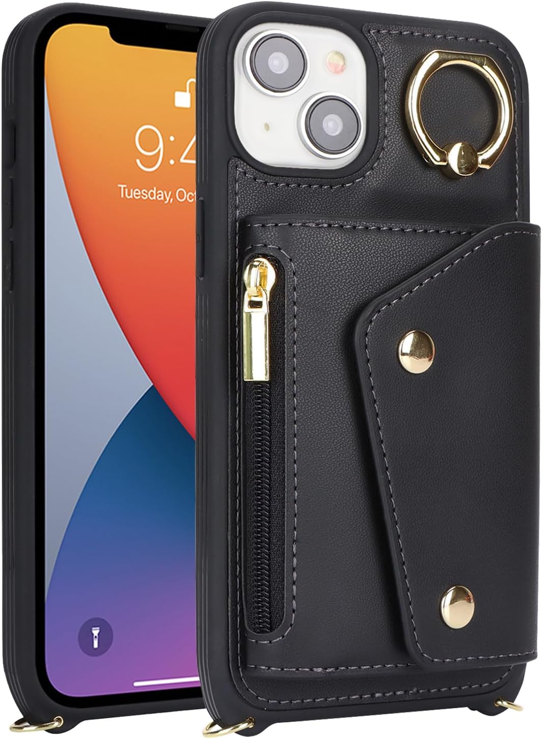 for iPhone 13 Case with Card Holder and Strap - Zipper Pocket,Crossbody Lanyard Strap,Credit Card Holder,Stand Ring,Cute Phone Wallet Case for Women(Black,6.1 Inch) - Image 8