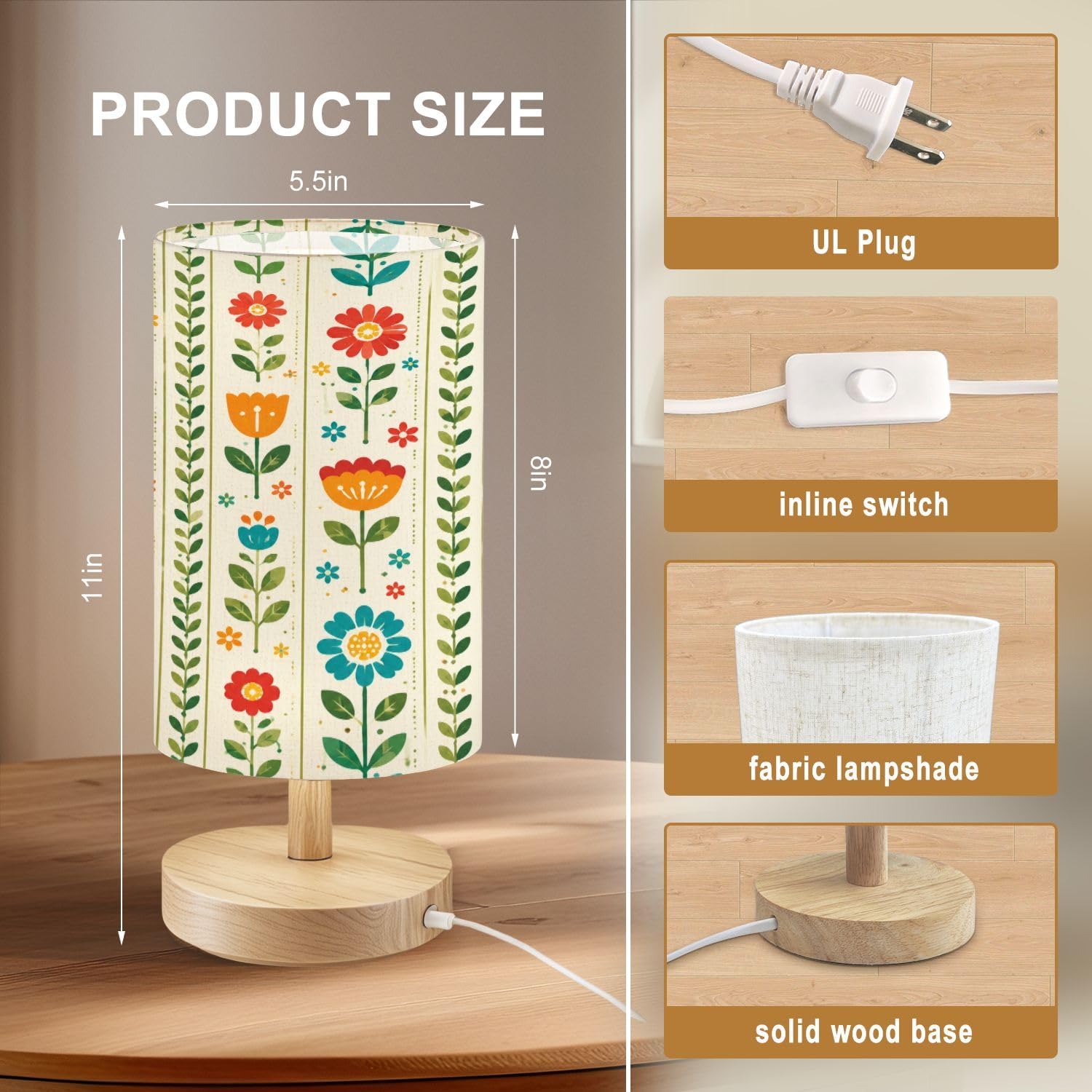 Colorful Floral Stylized Wood Base Bedside Table Lamp image 5