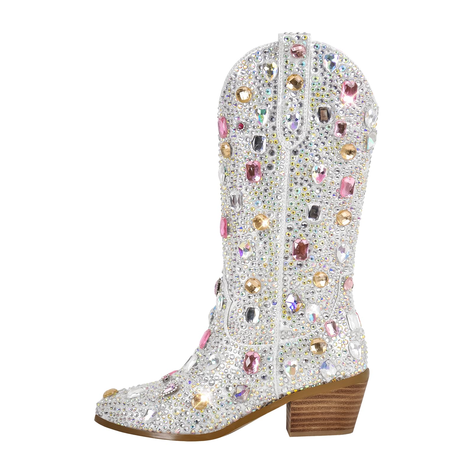 MissHeel Botines de vaquero brillantes con tacón de embudo con purpurina, botas occidentales decoradas con piedras preciosas