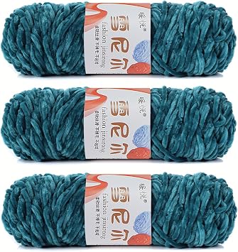 Chenille Yarn for Crocheting & Knitting, Soft Velvet Yarn, 3 Skeins, 100g/Skein Peacock Blue