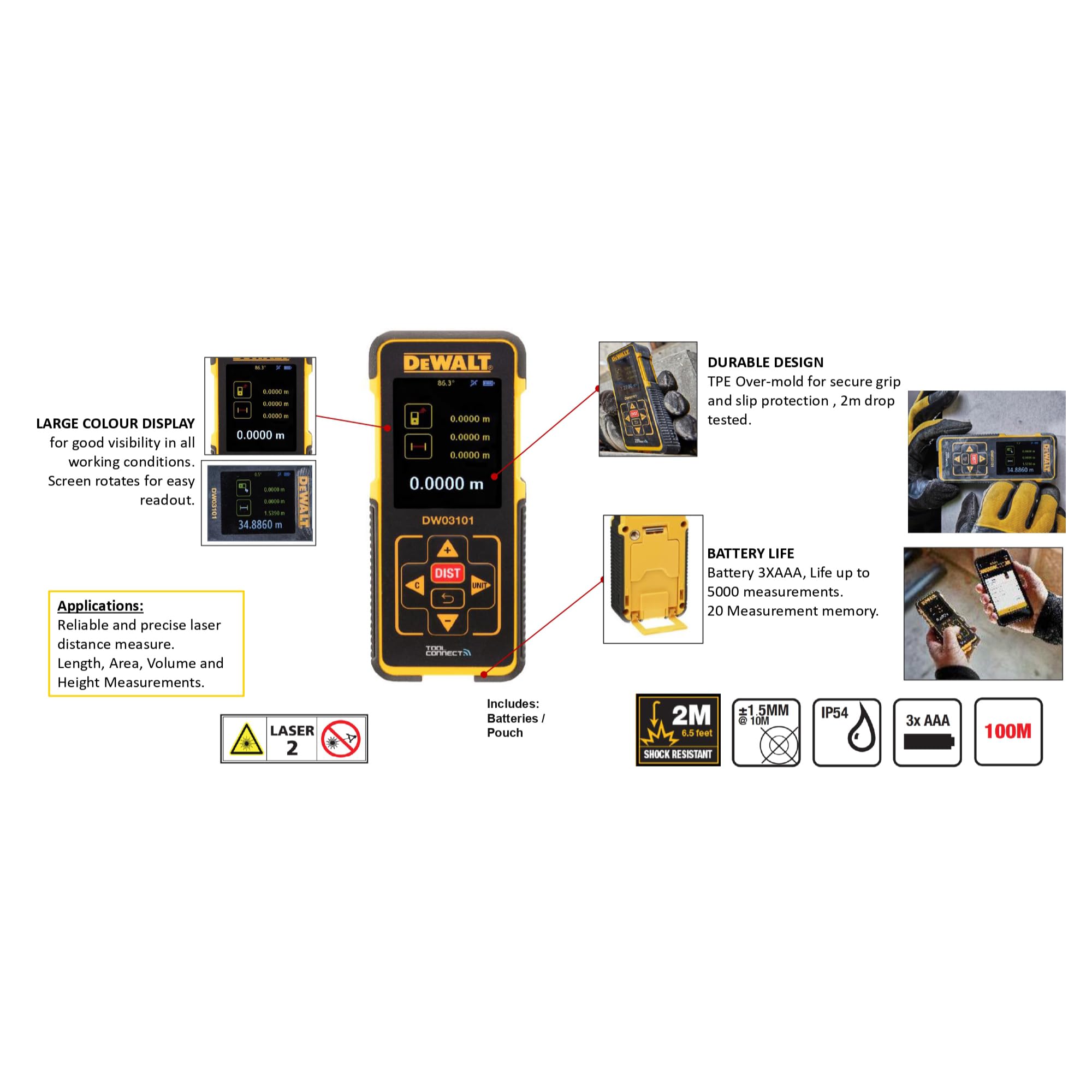 DEWALT DW03101-XJ - Medidor láser de distancias con alcance de 100 m