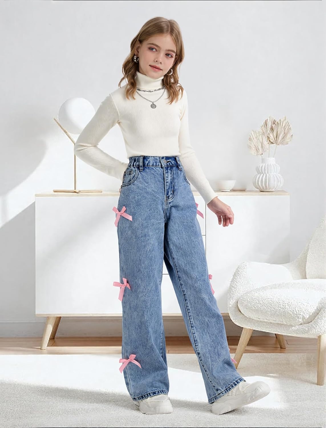 Girls Baggy Jeans Wide Straight Leg Elastic High Waisted Denim Pants Fashion Y2k Boyfriend Skater Streetwear 7-14Y - Image 2