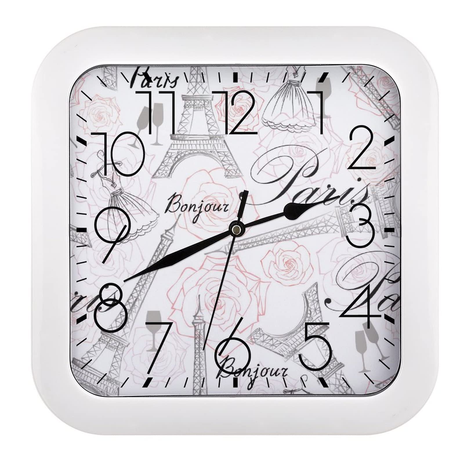 Horloge murale Tour Eiffel carrée de 26cm avec grands chiffres