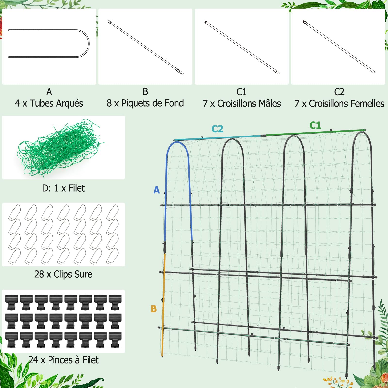 COSTWAY Treillis Arqué de Jardin pour Plantes Grimpantes 179 x 180 cm, Treillis en ‘U’ pour Jardin Surélevé avec Poteaux Métalliques, Cadre de Support pour Légumes Fruits Fleurs Vigne
