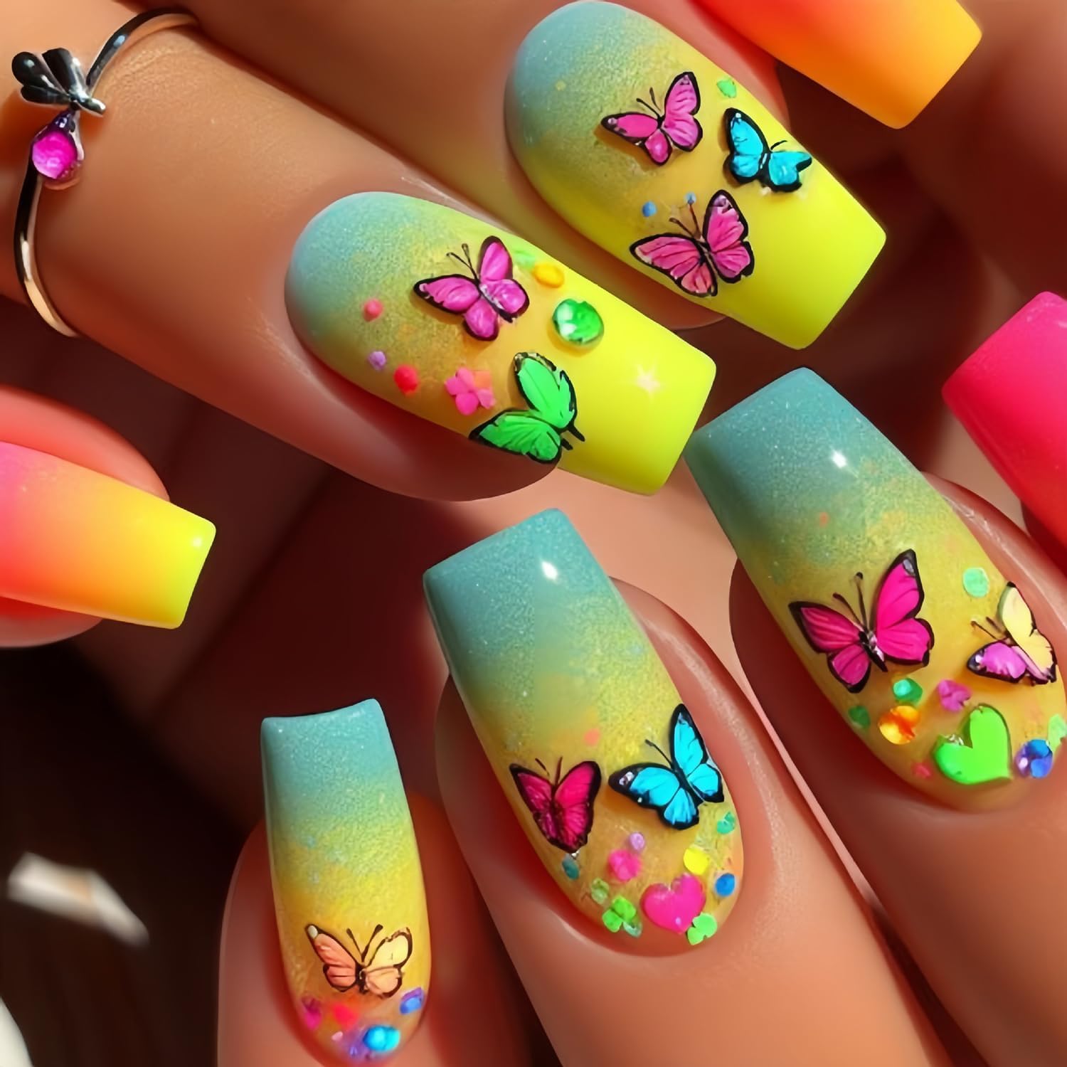 24Pcs Butterfly Gradient Nails, Glitter Acrylic Full Cover Coffin Nails - Medium Press ons, Ballet Tip Design