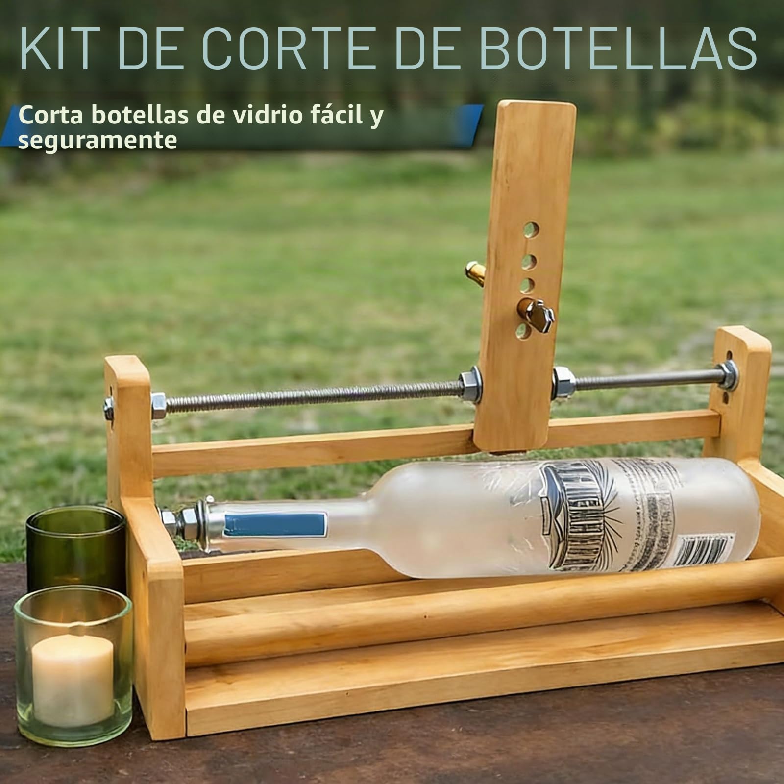 Cortador de botellas de vidrio con marco de madera seguro y simple para decoración sostenible del hogar