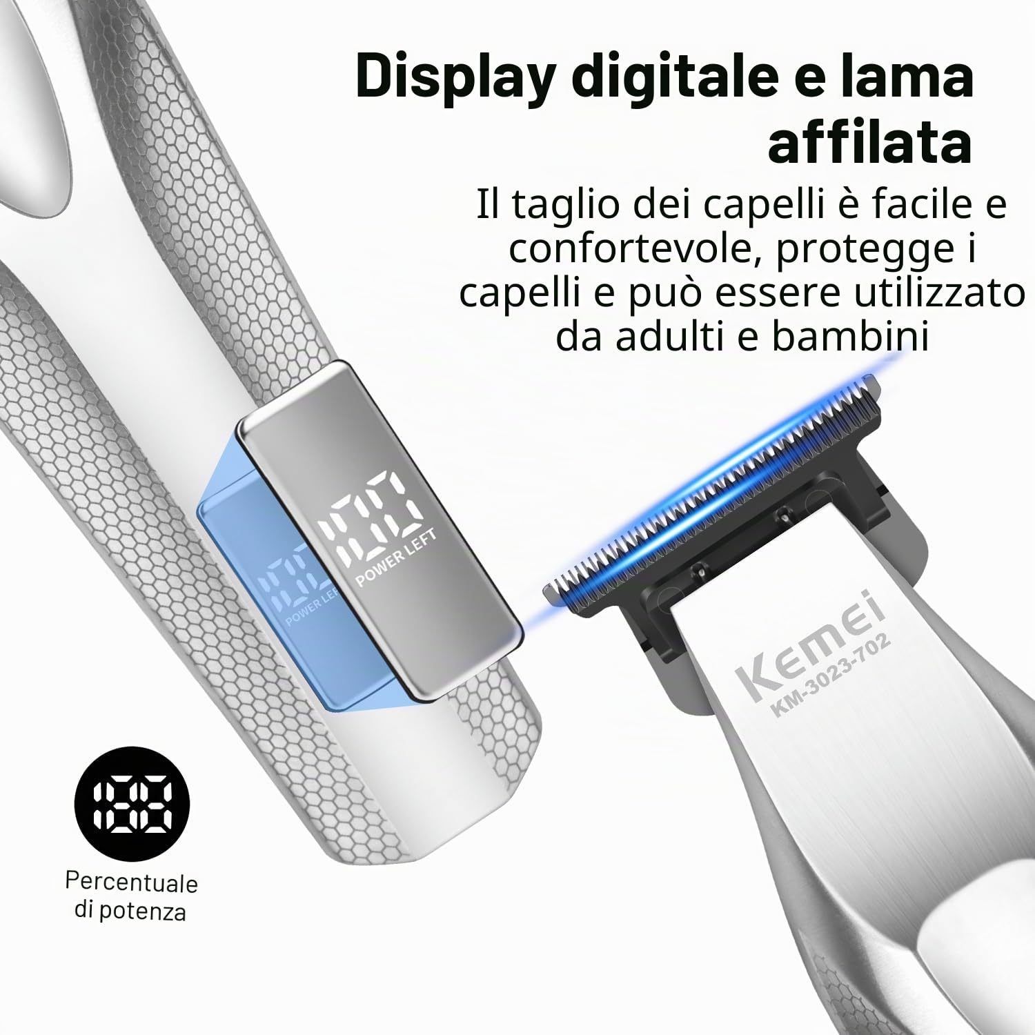 KEMEI KM-3023-702 - Tagliacapelli Professionale da Uomo Senza Fili Per gli Uomini, 9000 giri/min, Lame DLC, Regolabarba Regola Barba, Elettrico Trimmer Capelli Con 4 Pettini Guida