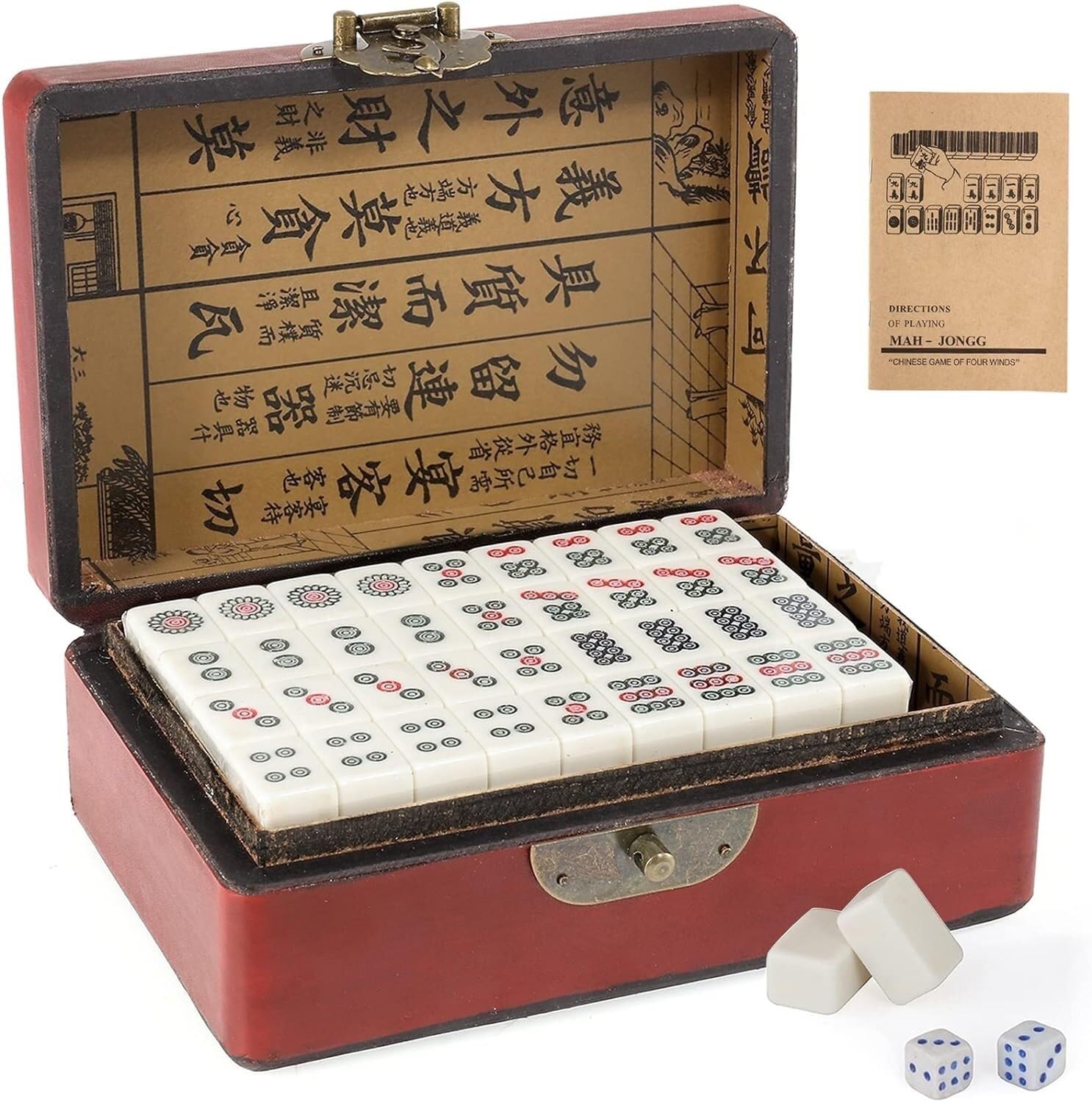 Mini chiński zestaw Majong Solidna gra MahJong 144 szt. Zestaw płytek Mahjong 2 szt. Kości i skórzany futerał do przenoszenia(6.7''X6.5''X4.3'')