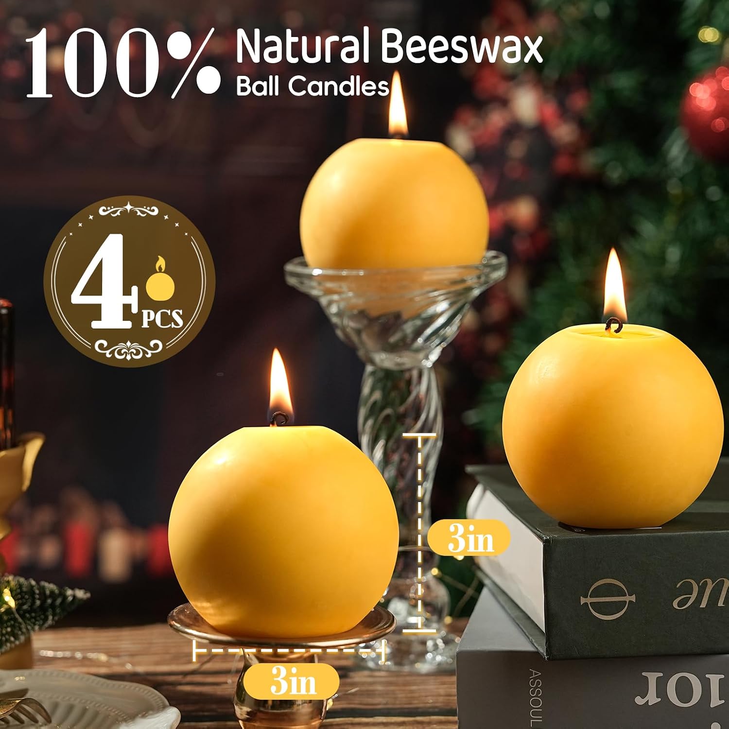 4 Pack Beeswax Round Candles,3 in Hand-Poured Natural Beeswax Candles- 120 H Long Burning Elegant Bees Wax Candles for Home,Non Toxic,Unscented Dripless Smokeless Beeswax Candle