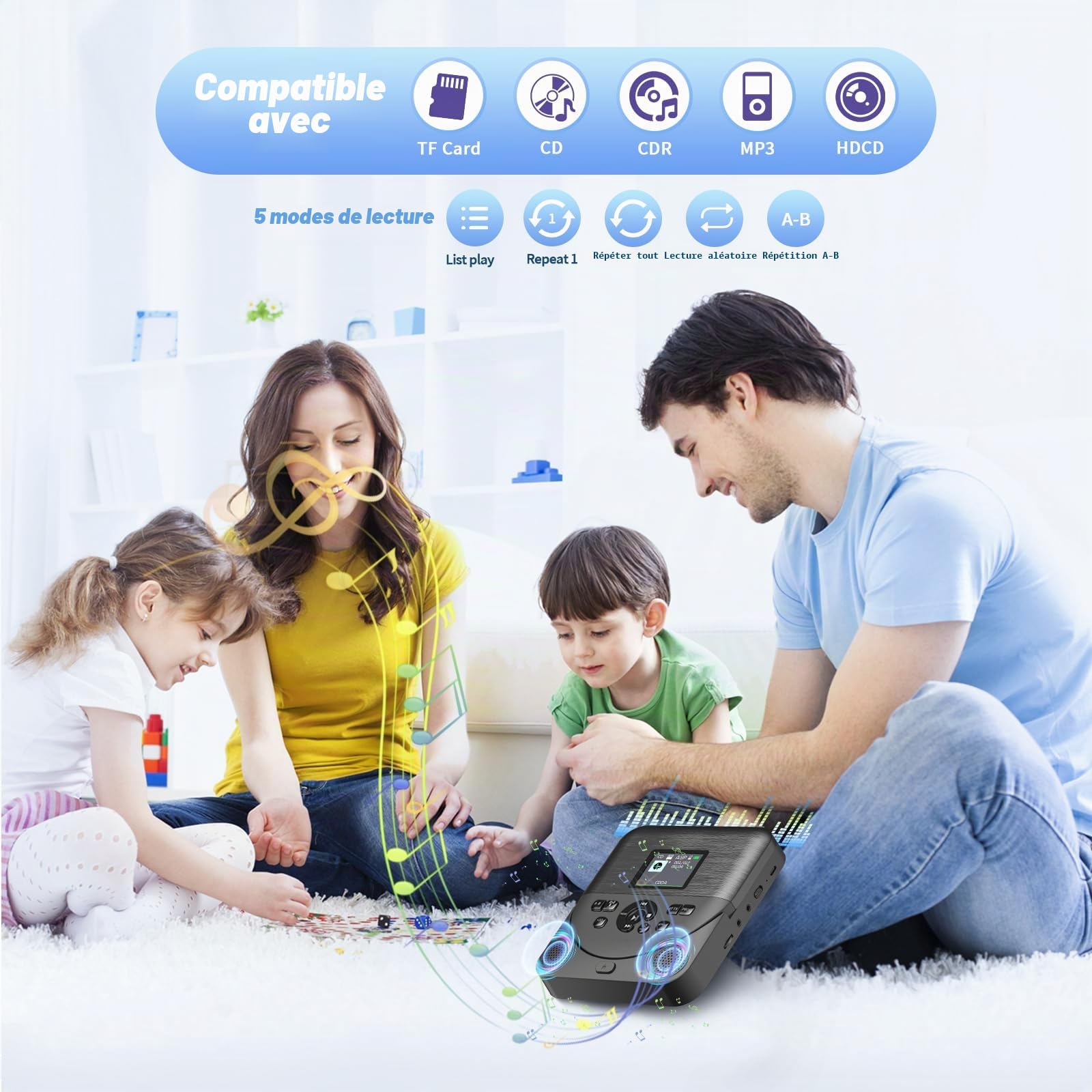 Lecteur CD Portable Bluetooth FELEMAN avec Haut-parleurs, Écran, Rechargeable, Émetteur FM, Noir