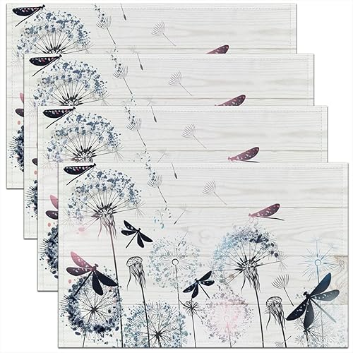 Juego de 4 manteles individuales de madera blanca rústica de 12 x 18 pulgadas para decoración de mesa de comedor, libélula voladora para decoración