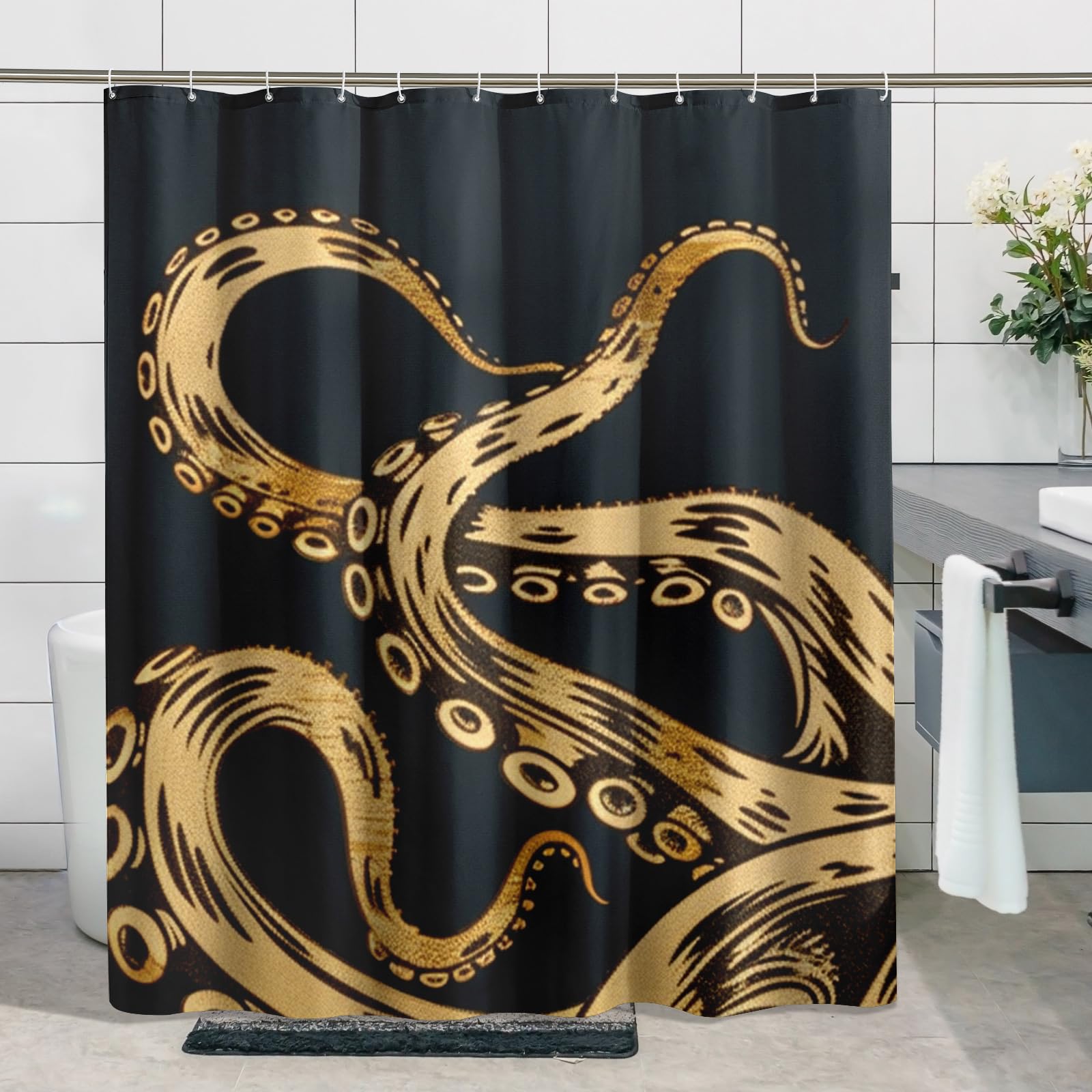 Generic Octopus Shower Curtain with 12 Hooks Ocean Animal Tentacles Abstract Black Beige Polyester Water Resistant Washable Bathroom Bathtub Cloth Shower Curtain 72x72Inch