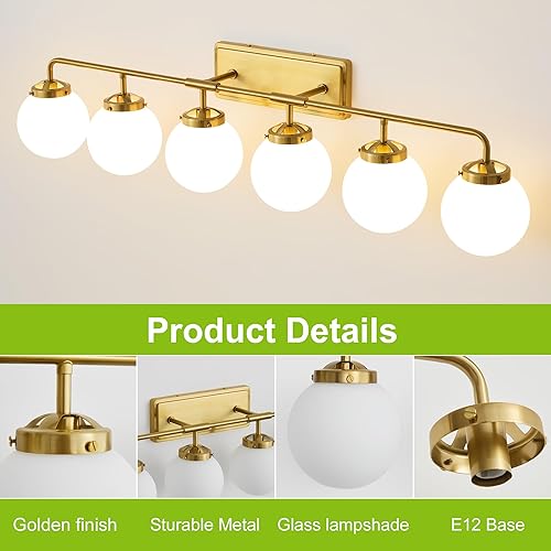 Vista 64 de Lámparas doradas para tocador de baño, modernas luces de latón de 3 luces con pantalla de bola de vidrio transparente, luces de tocador de granja