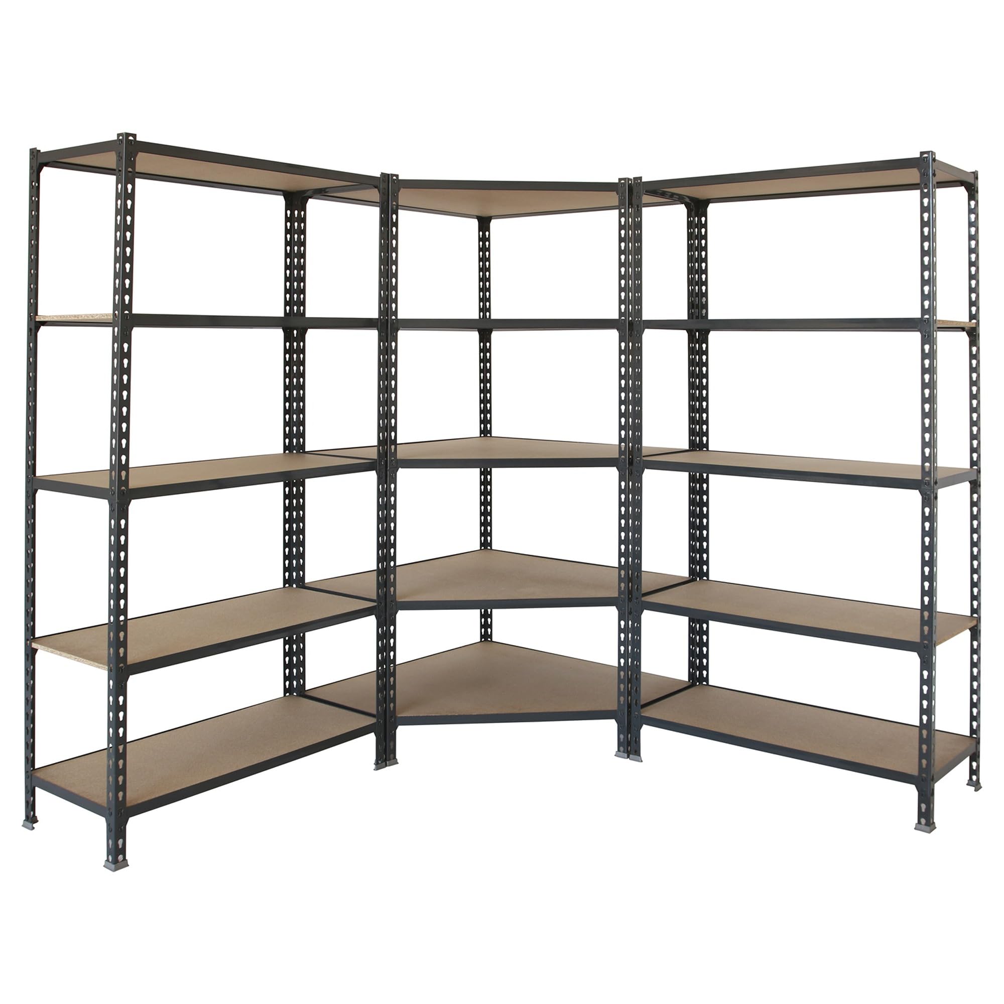 Simon Rack Estanteria Esquina Metalica, 1800x1800x500 mm, 5 Baldas Madera, 200 kg de Punto Flexión, Estanterías Almacenaje, 1 Módulo Extra, Antracita/Madera - Maderclick Corner
