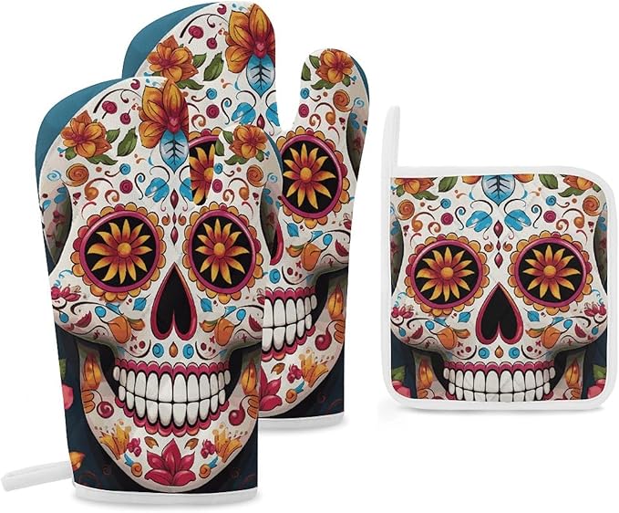 3 Pcs Oven Mitts and Pot Holders Set Kitchen Oven Gloves Heat Resistant Potholders Non-Slip Hot Pads Colorful Sugar Skull Oven Mits for Cooking Baking Grilling