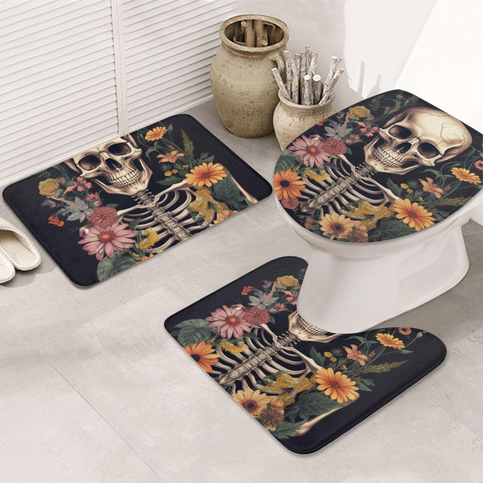 Tapis de bain antidérapants flanelle motif squelette avec tapis de toilette en U