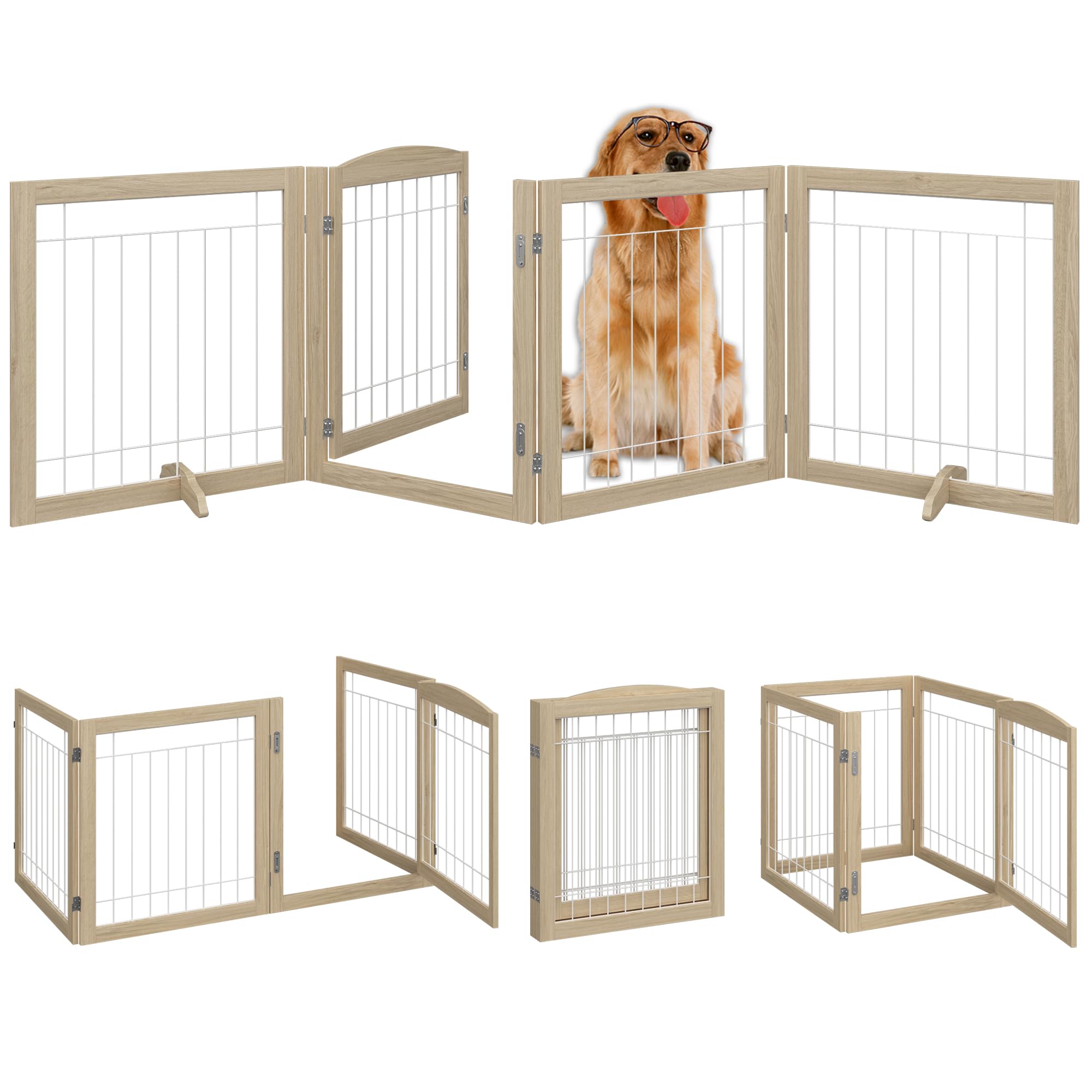 Vantas Folding No-Assembly Pet Gate 96" Wide, 30" Tall Wooden Dog Gate with Door Walk Through, Freestanding Wire Pet Gate, Pet Puppy Safety Fence, with 2PCS Support - Natural White
