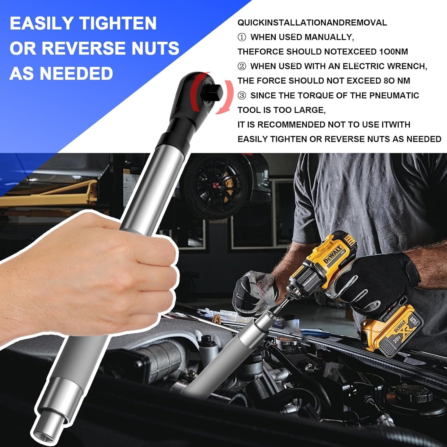 Offset Extension Wrench for Electric Drills and Impact Wrenches, ratchet extension includes 4 Socket Sleeve Adapters and 1/2" 3/8" 1/4" Electric Drill Adapter, Slim for Tight Spaces, Tungsten Steel