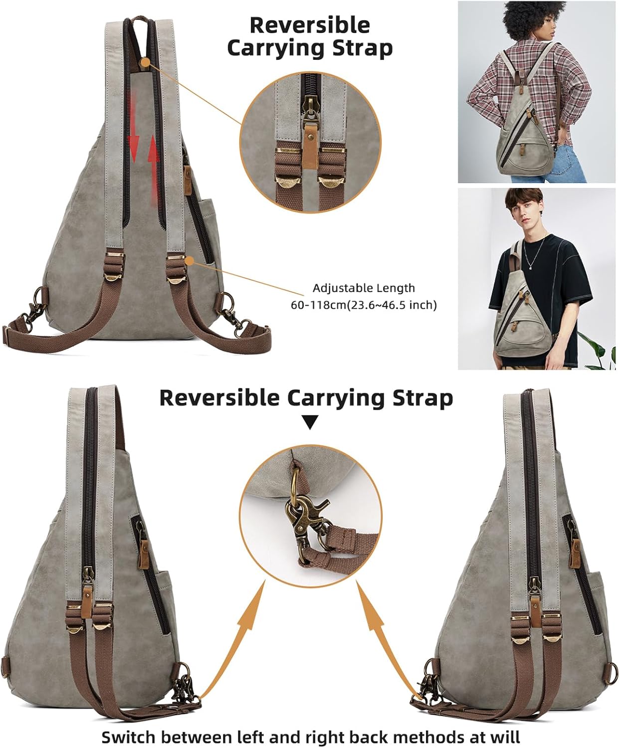 KL928 PU Leather Sling Bag - Small Crossbody Backpack Shoulder Casual Daypack Rucksack for Men Women(Leaden) - Image 3