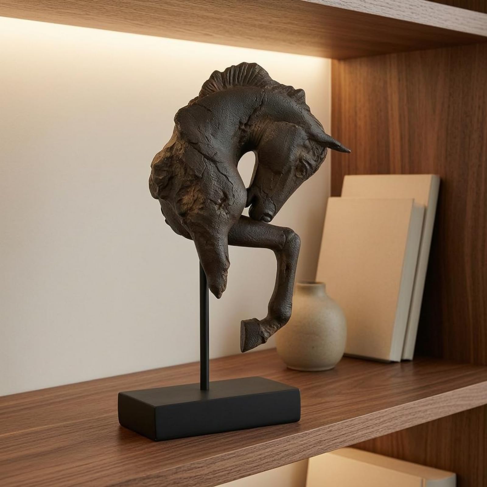 Milageto Estatua de Caballo Decorativa Busto Escultura Figura Ornamento con Silueta y Pátina Oscura Montaje en Soporte Negro para Escritorio y