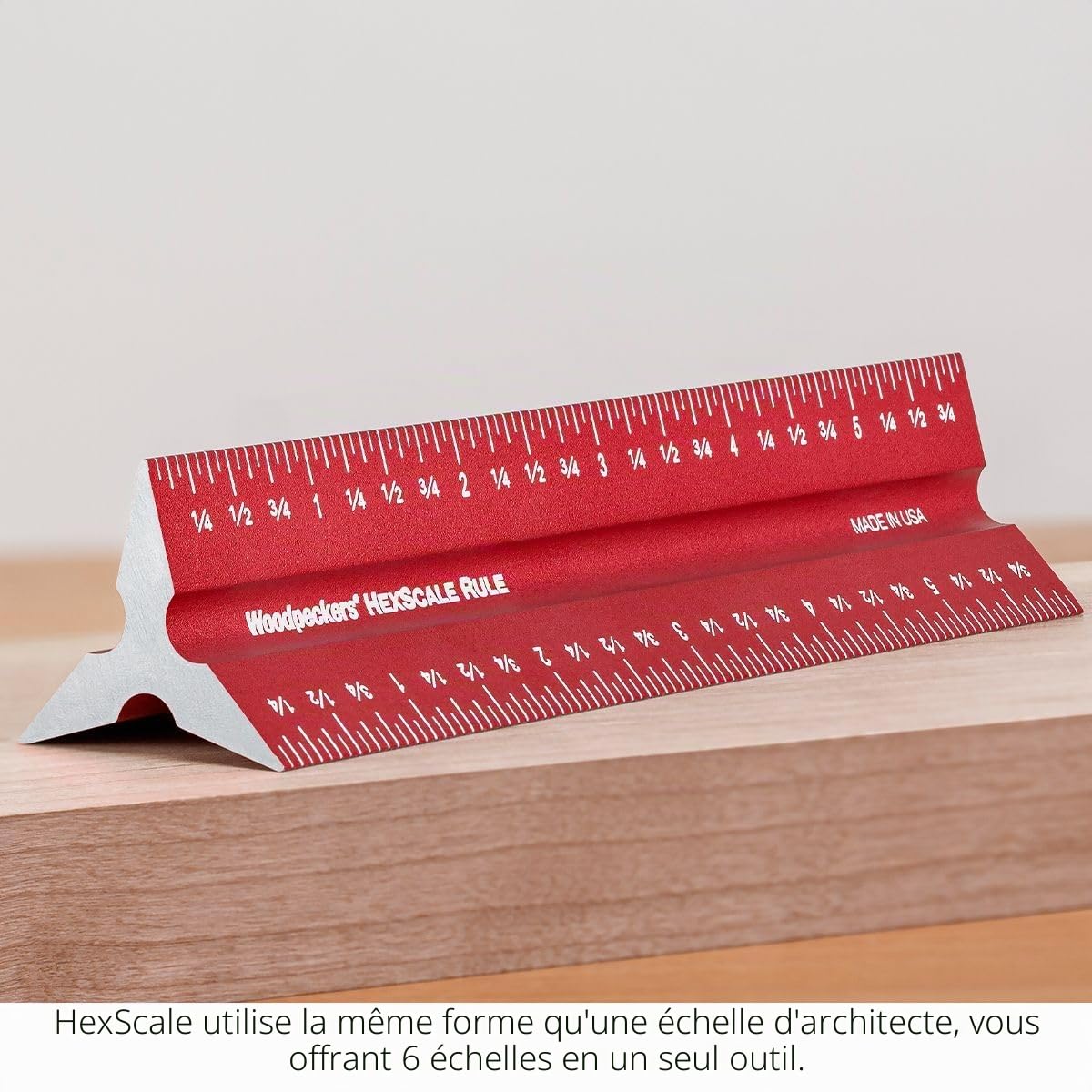 Woodpeckers Règle hexagonale 6 en 1 de 150 mm pour le travail du bois avec arrêt, pouces, échelles métriques et de centrage, mesure R2L et L2R, style architecte