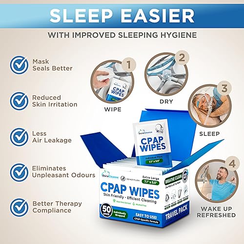 Miniatura 6 de Dura Cleanse Toallitas de limpieza extra grandes y extra húmedas para cara completa, máscaras nasales, 50 toallitas de viaje CPAP, limpiador sin