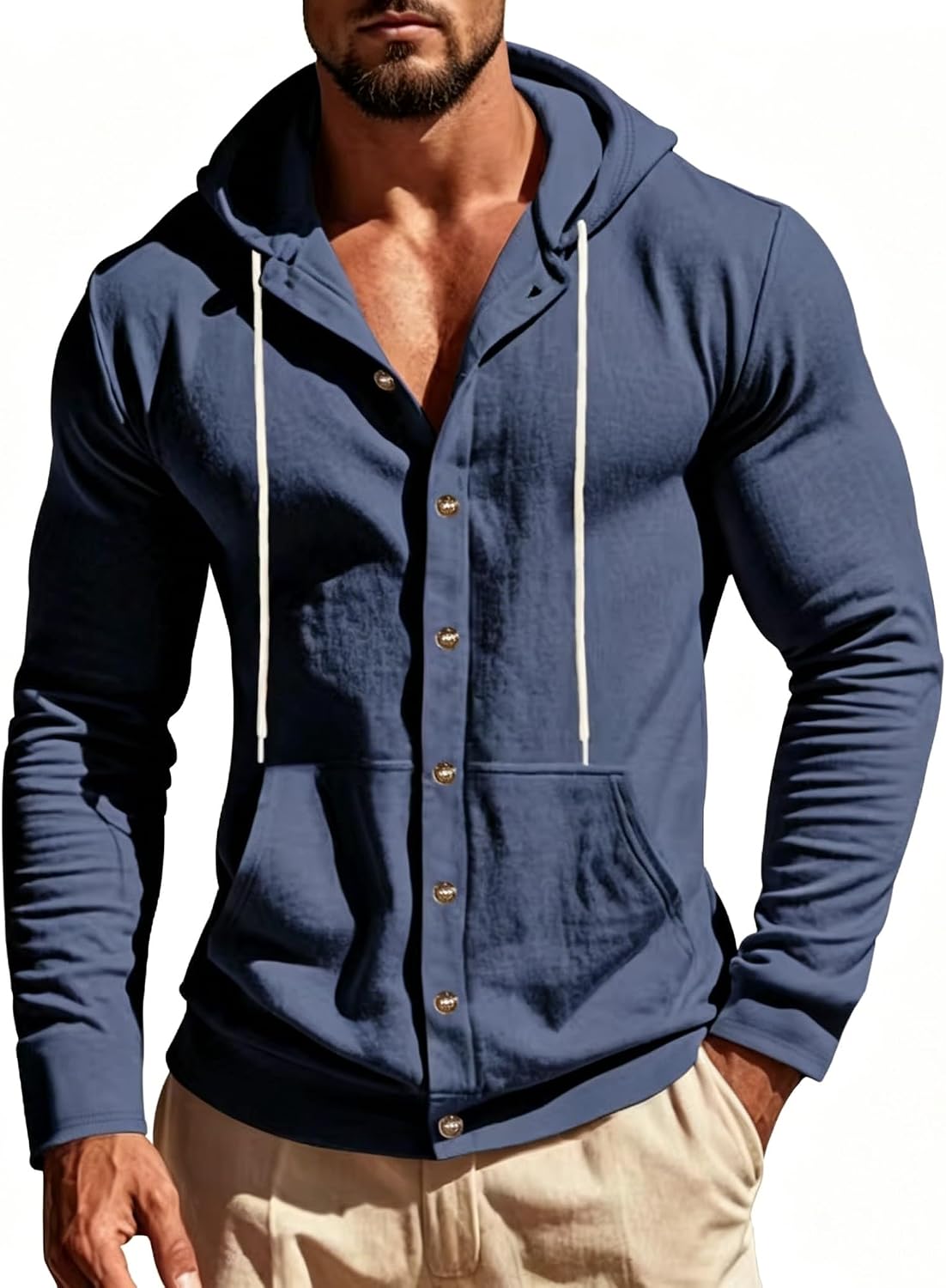 Mens Linen Blend Button Front Hooded Lightweight Loose Fit Drawstring Hood Long Sleeve Casual Pocket Shirt Jacket