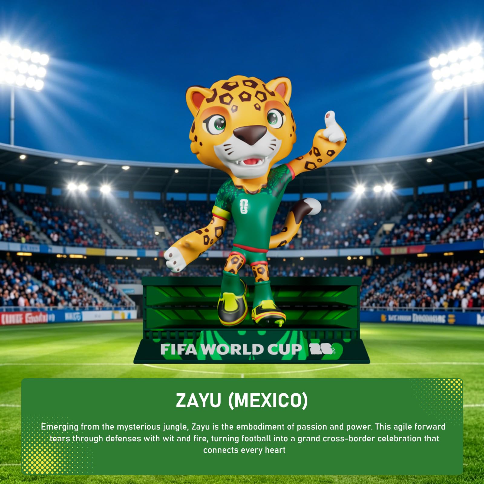 DICEKOO Ensemble mascotte de la Coupe du monde FIFA 2026 7,6 cm (érable, Zayu, pochette) | Style énergétique | Sous licence officielle | Figurines de collection, idée cadeau pour les fans et les