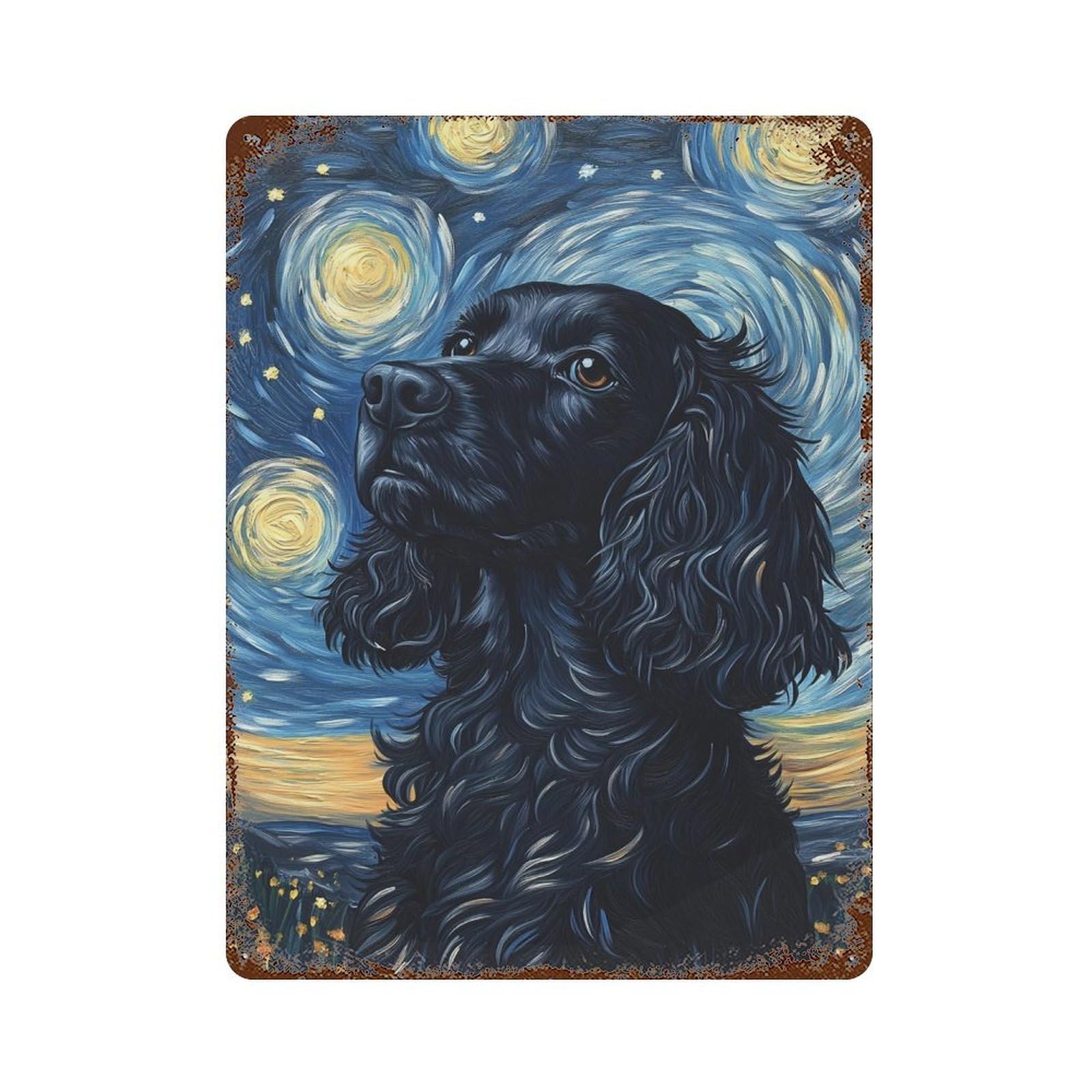 Starry Night Cocker Spaniel Art Print-6 Rust Effect Tin Sign 15.7"x11.8", Vintage Wall Decor for Pub, Kitchen And Man Cave Decor