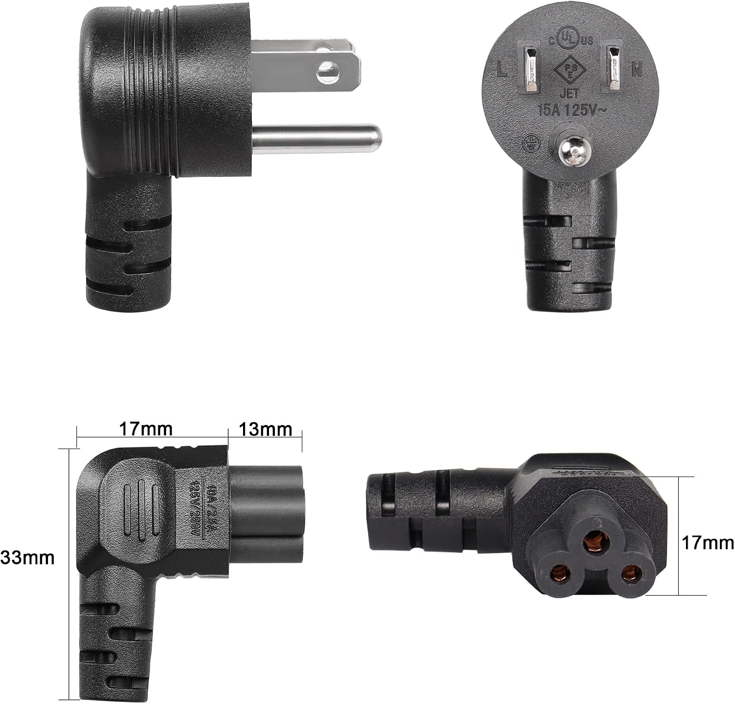GELRHONR 90 Degrees 3 Prong AC to IEC320 C5 Power Cord,10A 125V Down Angle NEMA 5-15P to 3-Slot Mickey Mouse Universal Power Cable for Notebook Computers, TV, Monitors-4.9Ft (Black-Right C5)