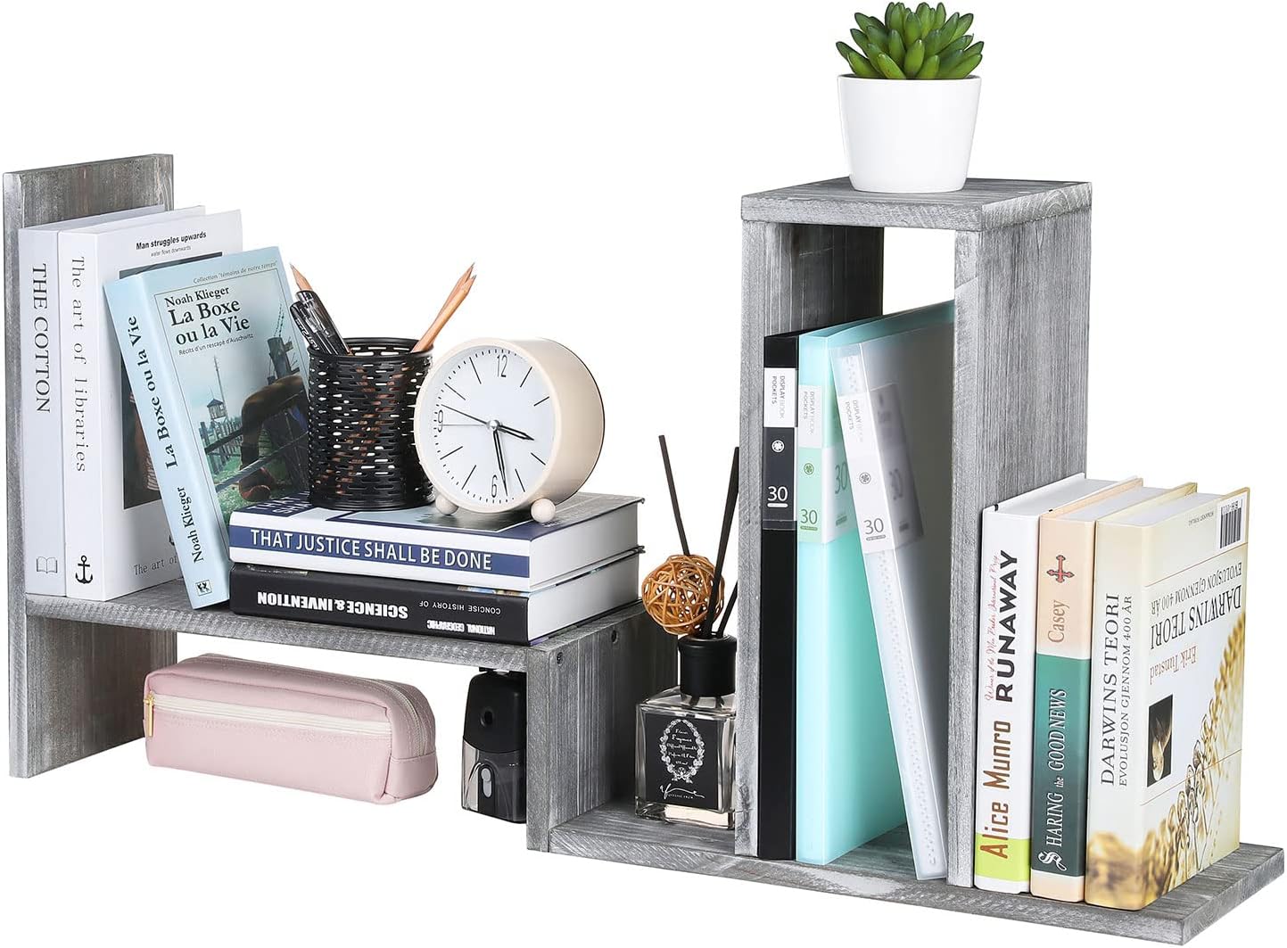 MyGift Adjustable Distressed Gray Solid Wood Desktop Storage Organizer Display Shelf Book Rack, Office Desk Bookshelf