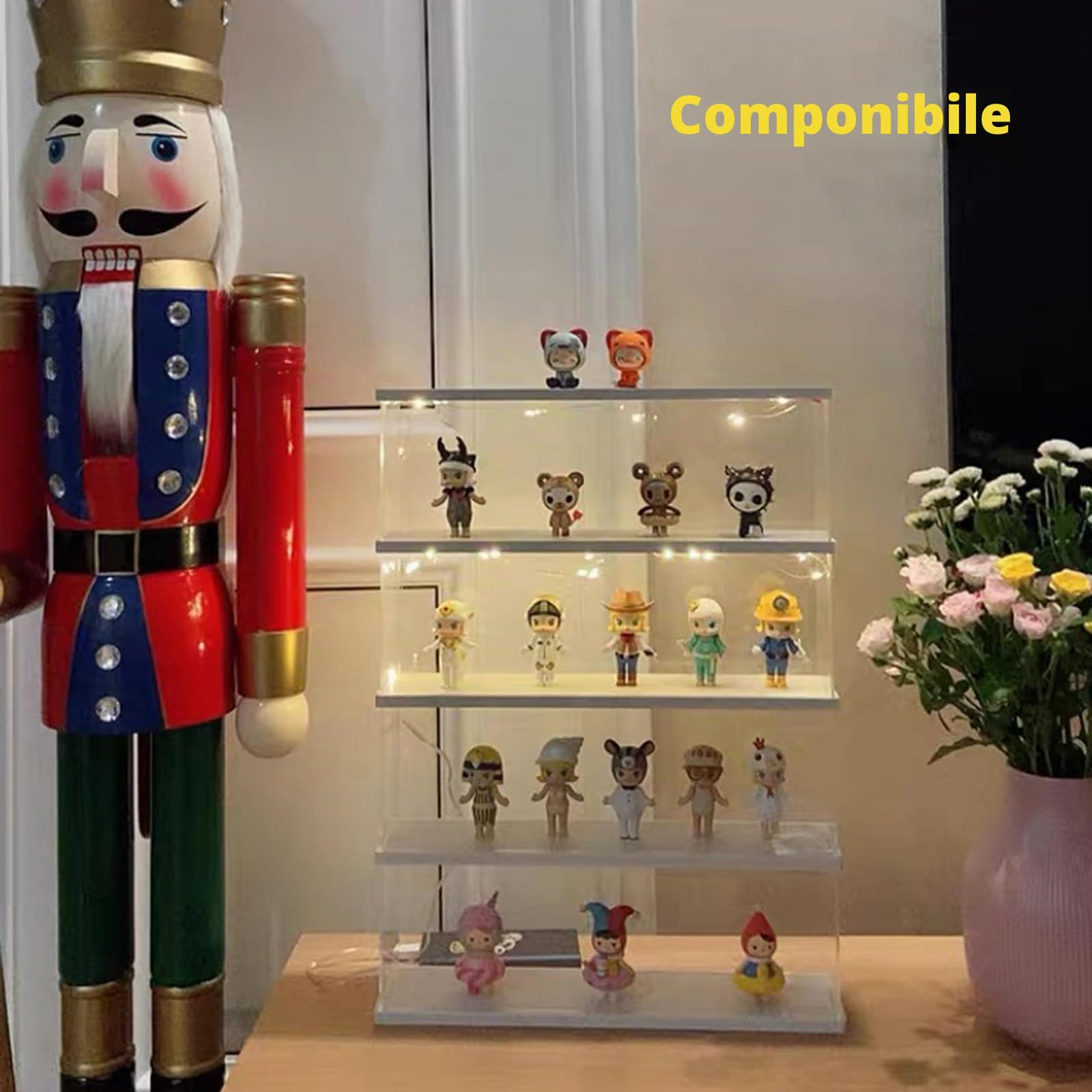 Vetrina Espositiva per Funko Pop Figura 11.5cm per LEGO Minifigures Collezionismo, Teca Plexiglass Vetrinetta Acrilico Trasparente per Popmart 2 Strati con Porta con Led, Base Bianco 39.5x9.6x27.5cm