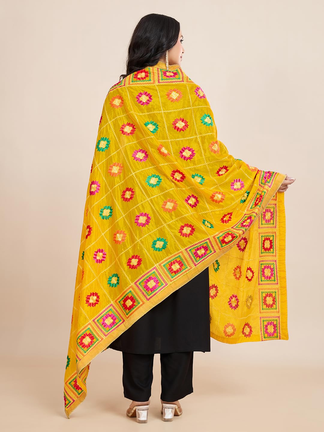 Weavers Villa Women's Chinnon Silk Aari Embroided Phulkari Dupatta, Chunni (Yellow), 2.25 Mtrs