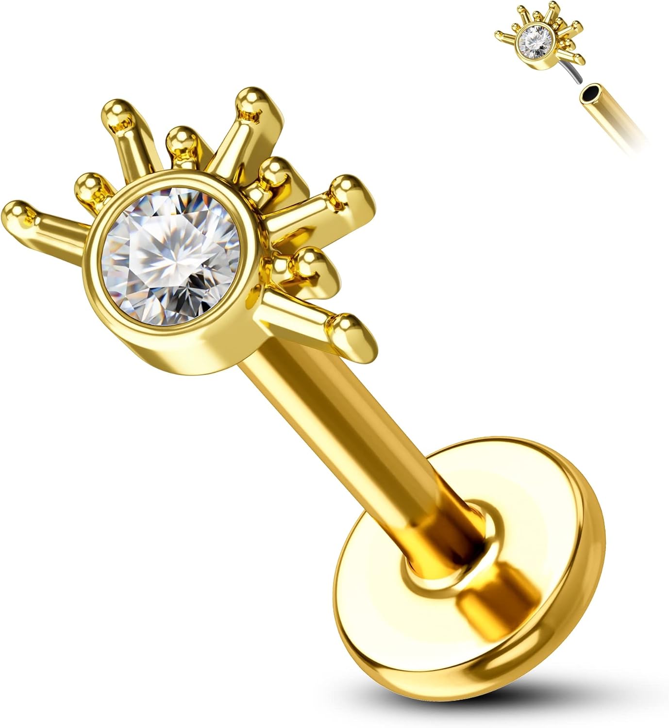 COCHARM 14K Solid Gold Cartilage Earring Stud 16g Yellow Gold Flat Back Helix Stud 14K Gold Push in Tragus Earring Stud Threadless Labret Stud Labret Rings
