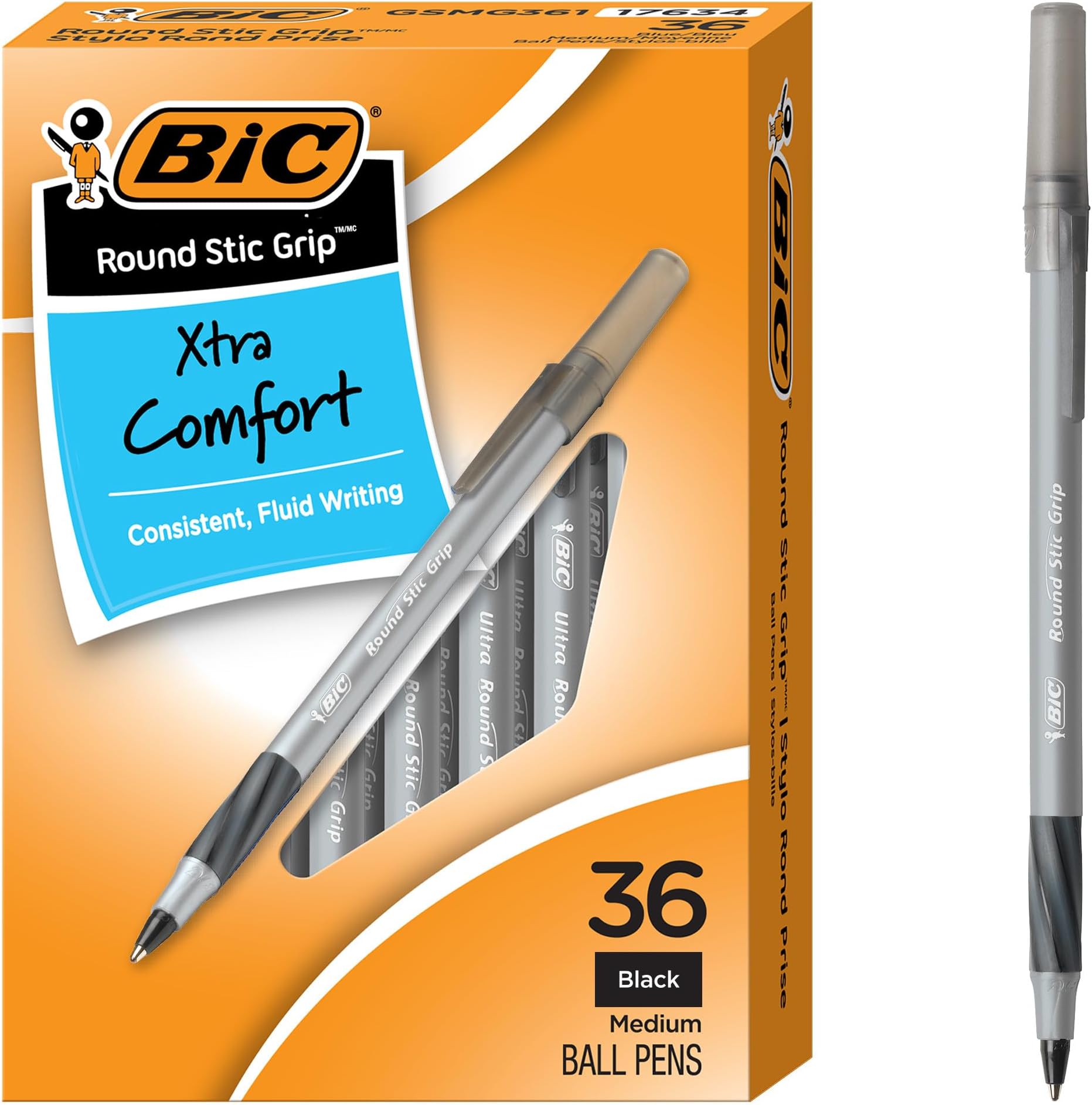 Round Stic Grip Xtra Comfort Black Ballpoint Pens, Medium Point (1.2mm), 36-Count Pack, Perfect Writing Pens With Soft Grip for Superb Comfort and Control