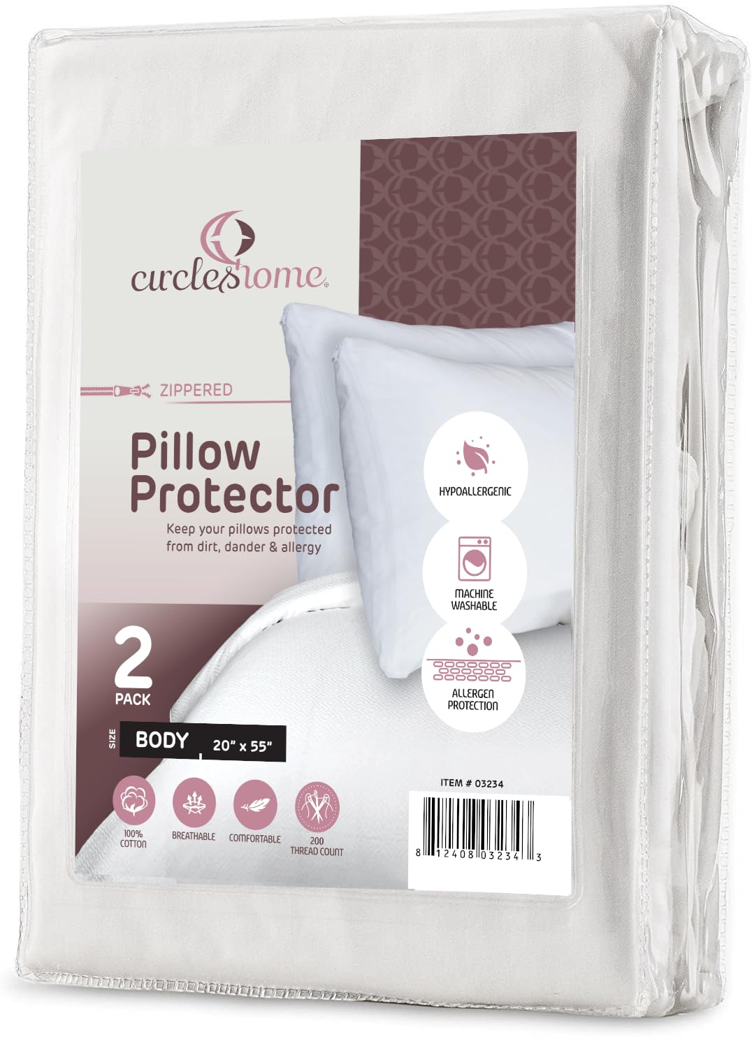 CirclesHome Pillow Protectors 2 Pack Body (20 x 55) Zippered - 100% Cotton Breathable Pillowcases - Protects Pillows from Dirt, Dust and Debris (Body- Set of 2 - 20x55)