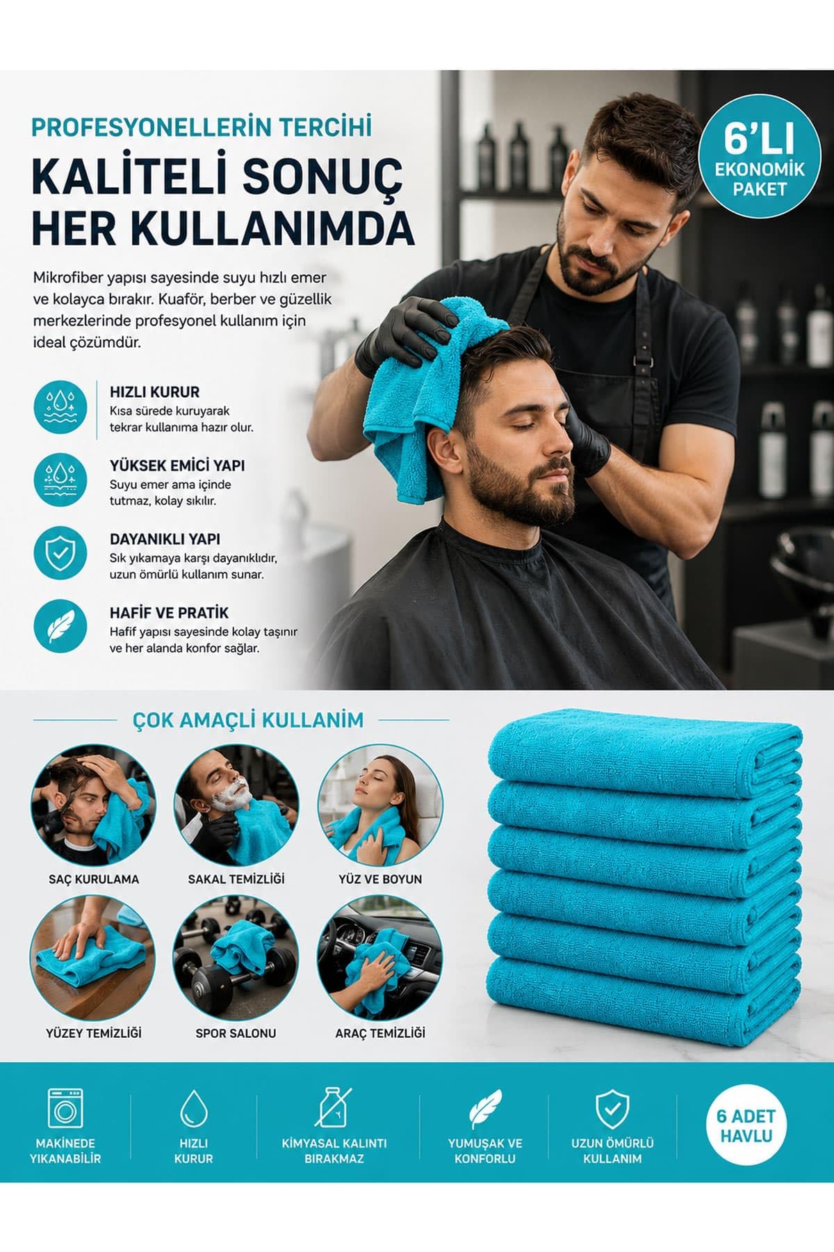 6'lı Paket Mikrofiber Kuaför Saç Havlusu Boya Tutmayan 50x90 Cm