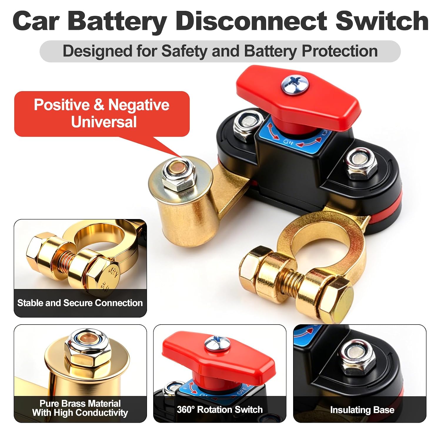 2Pcs Battery Disconnect Switch,12V/24V Pure Copper Car Battery Cut Off Switch,Adjustable High Conductivity Manual Double Rotation Power Kill Switch fit for Car Truck RV Boat Marine Tractor
