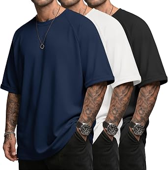 August Alley 3 Pack Mens Oversized T-Shirts | Loose Fit Summer Tops, Rolled Raglan Short Sleeve, Casual Baggy Crew Neck Tees, Workout Athletic Running Gym