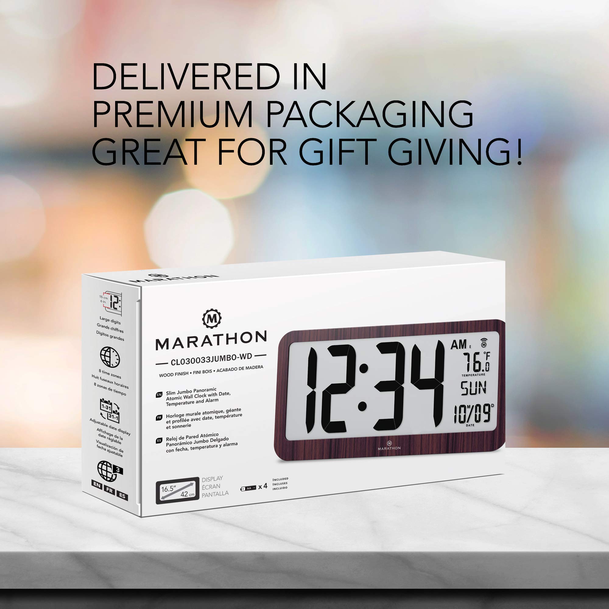 MARATHON Slim Jumbo Panoramic Atomic Wall Clock with Date and Indoor