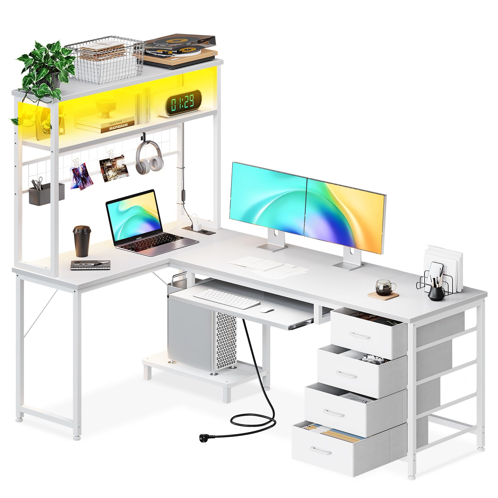 Escritorio Gmaing con Estantes, Mesa Gaming con Cajones y Bandeja para Teclado, Mesa Gamer en L con LED y Toma de Corriente para Jugadores, Blanco, 149.5 × 100 cm